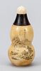 Snuff Bottle ''The Autumn Colors in Pingdong'', China, probably Republic period(1912-1949), carved leg in bottle gourd shape, hardwood neck piece and 