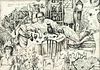 Russian artist c. 1980, man lying in a kitchen, surrounded by numerous sceneries and objects, ink drawing on paper, bottom right Cyrill. signed and da