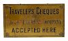 Adams Express Company Travelers Cheques Brass Sign.