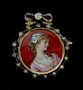 An antique Limoges enamel portrait brooch, red background and a portrait of a lady in profile with a border of diamond and se