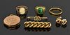 Gold jewellery including a Victorian bar brooch with hearts set with seed pearls, an 18 ct malachite set ring, ( marks rubbed
