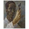 GUILLERMO MEZA, Hombre con flamas surrealista, Firmado y fechado 1941, Óleo sobre tela, 90 x 70 cm, Con constancia