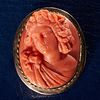 LARGE AND HIGH RELIEF CARVED CORAL CAMEO BROOCH