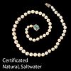 IMPORTANT CERTIFICATED NATURAL SALTWATER PEARL NECKLACE WITH AN EMERALD AND DIAMOND CLASP