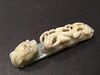 ANTIQUE Large Chinese Feicui Jade dragon hook with carvings, 18th-19th Century, 4 1/2" long