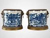 Pair of Chinese Blue + White Porcelain Urns