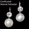 MAGNIFICENTPAIR OF CERTIFICATED NATURAL SALWATER PEARL AND DIAMOND EARRINGS 