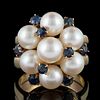 VINTAGE / CONTEMPORARY 14K ROSE GOLD PEARL AND GEMSTONE LADY'S RING WITH 18K YELLOW GOLD GUARD RINGS, LOT OF THREE PIECES