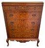 Burl Walnut Queen Anne Style Chest Of Five Drawers, Grand Rapids Manufacture C. 1930, H 53'' W 40'' Depth 20''