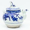 Chinese Blue And White Porcelain Covered Tea Pot With Frog Finial. C. 1900, H 13'' L 14''