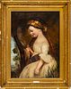 Continential 19th Oil On Canvas, 19th.c., Girl With Mirror, H 31'' W 22.5''
