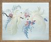 Chinese Gouache On Silver Foil With Paper Backing, Birds And Florals, H 26'' W 32''