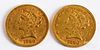 Two 1880 Liberty Head five dollar gold coins