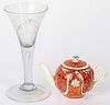 Staffordshire creamware teapot and wine glass