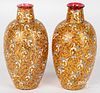Pair of enamel decorated ruby glass vases