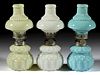 LEON'S RIBBED OPAQUE GLASS MINIATURE LAMPS, LOT OF THREE