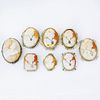 Collection of Eight (8) Art Deco Carved Shell Cameos Variously Bezel Set in White Gold, Silver or Gold Filled Mountings, Six 