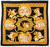 Hermes silk twill scarf in the "Le Triomphe du Paladin" pattern on a black ground, designed by Julia Abadie in 1999, marked "HERMES / PARIS" lower cen