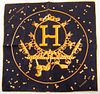 Hermes silk pocket square in the "Vif Argent" pattern in gold-tones on a black ground, marked "HERMES - PARIS" lower left corner, "MADE IN FRANCE / SO