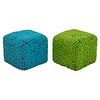 Pair of blue and green ottomans, upholstered in a looped felt fabric, on casters, unmarked. 16" H x 19" W x 20" D.