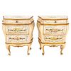 Venetian Rococo style small painted three drawer commodes, a pair, of bombe form and with allover polychrome floral and rocaille decoration, each with