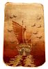 Chinese pictorial carpet depicting a sail ship with a figure and birds flying above. 5' H x 3' W.