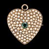 ANTIQUE / VINTAGE 14K YELLOW GOLD, EMERALD, AND PEARL HEART-FORM WATCH LAPEL HOOK BROOCH / PENDANT