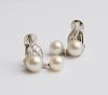 Pair of 14K White Gold, Cultured Pearl and Diamond Earclips