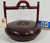 19TH C CHINESE WOODEN CARVED BASKET W/LID 14"H X 15" DIAM