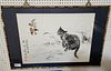 FRAMED CHINESE W/C CAT AND BIRDS 23" X 31 1/2" W/ FRAME 28 1/2" X 43"