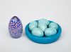 Set of Six Blue Sponged Eggs, a Turquoise Glass Dish and a Glass Millefiori Egg-Form Paperweight