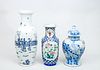 Two Chinese Blue and White Porcelain Vases and a Famille Rose Porcelain Vase