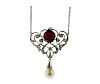 Platinum 18k Gold Diamond Pearl Red Stone Necklace
