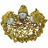 18k Gold Pearl Ruby Diamond Bird Nest Brooch Pin