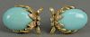 Pair of 14K gold clip earrings, each set with oval turquoise and thirty diamonds.  total weight 17.8 grams