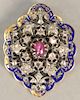 14K gold and enameled Victorian brooch mounted with forty rose cut diamonds surrounding pink star sapphire (some enamel chips
