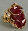 14K gold custom ladies ring, set with uncut ruby cluster and four small diamonds, marked inside: Andrew. 
total weight 20.7 g