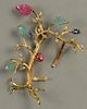 18K brooch in form of a tree with seven diamonds and seven hardstone carved leaves. 
ht. 3 1/8in. 
total weight 26.7 grams
