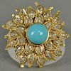 18K sunflower brooch set with diamonds and center turquoise. 
dia. 1 1/4in. 
total weight 8.6 grams