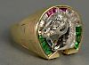 14K mens ring with horse and horseshoe set with diamonds, rubies, and emeralds.
