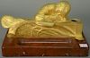 Gilt bronze and figural inkwell on rouge marble base with oblong well signed: Victorien Sabatier.  (cover of inkwell missing)