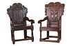 Two Baroque Carved Oak Armchairs