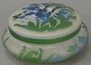 Emile Galle cameo box, circular form green and blue overlaid glass covered box.  ht. 2 1/4in., dia. 5in.