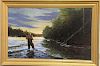 Luther Kelly Hall 
oil on masonite 
Fish on Fly Fishing 
signed lower right: LK Hall 
14" x 23"