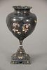 Japanese silver enameled vase with enameled flowers, butterflies, and lotus. 
ht. 6 1/2in. 
10.1 t oz.