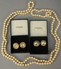 Three piece lot including two pairs of earrings and a single strand of costume channel pearls, the earrings are gold tone cli