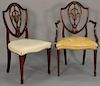 Set of six Margolis Federal style dining chairs having shield backs with carved plume, four including one armchair and five s