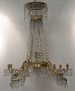 Neoclassical ormolu, cobalt blue glass and cut crystal eight light chandelier with bronze frame, possibly Swedish or Russian,