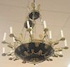 Empire gilt and patinated bronze chandelier, 18 light, dish form with winged putti, wreaths and swags, and anthemion, edge mo