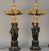 Pair of large Empire ormolu and patinated bronze figural seven light candelabras having gilt candlestick top over six harms w